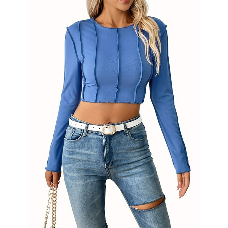Women's stitching contrast color navel long-sleeved slim sweater Women's stitching contrast color navel long-sleeved slim sweater