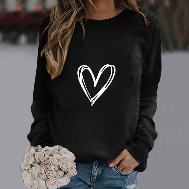 Meichang Chandail pour Femmes Col Rond Manches Longues Coupe Ample chandail Mode Imprimé Cœur Chandails Sans Capuche Chandails Confortables
