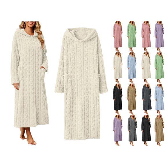 Women's Hooded Fleece Bathrobe Long Sleeve Cable Knit Textured Robe with Pockets Cozy Homewear for Fall Winter