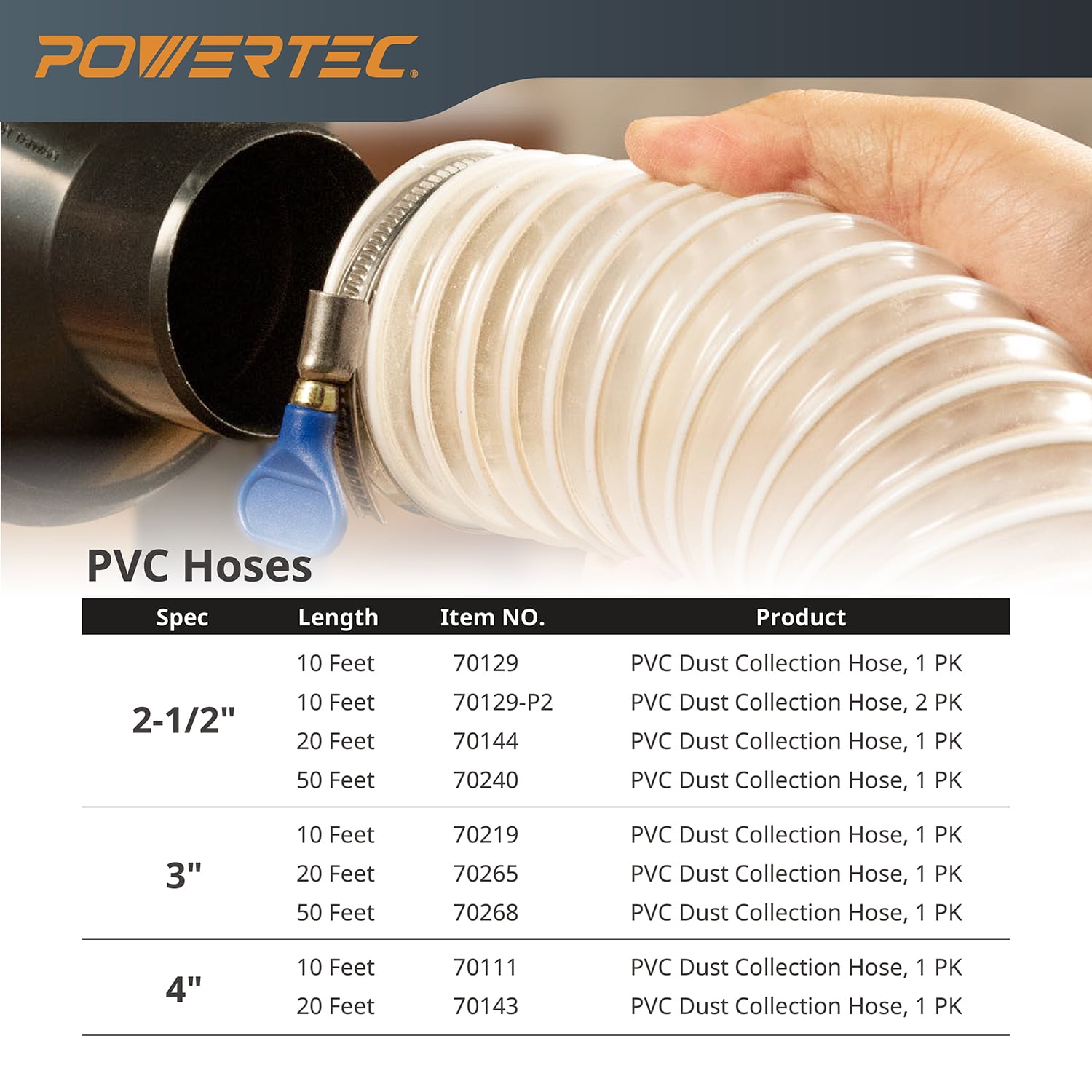 POWERTEC 4" x 20' Dust Collection Hose with 2PC Key Hose Clamps for Table Saw, Band Saw, Planer, Jointer, Woodworking and Wood Shop Dust Collection System, 70244