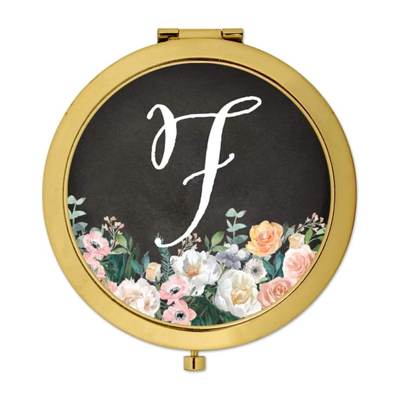 Koyal Wholesale Gold Compact Mirror Bridesmaid's Wedding Gift, Peach Flower Florals on Chalkboard, Monogram Letter F