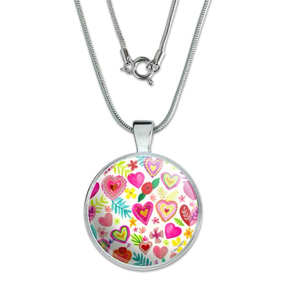 Colorful Hearts Valentines 1" Pendant with Sterling Silver Plated Chain