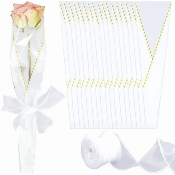 Bolsas de plástico blanco para envolver ramos de flores, 100 unidades, con cinta de malla de poliéster de 10 yardas.