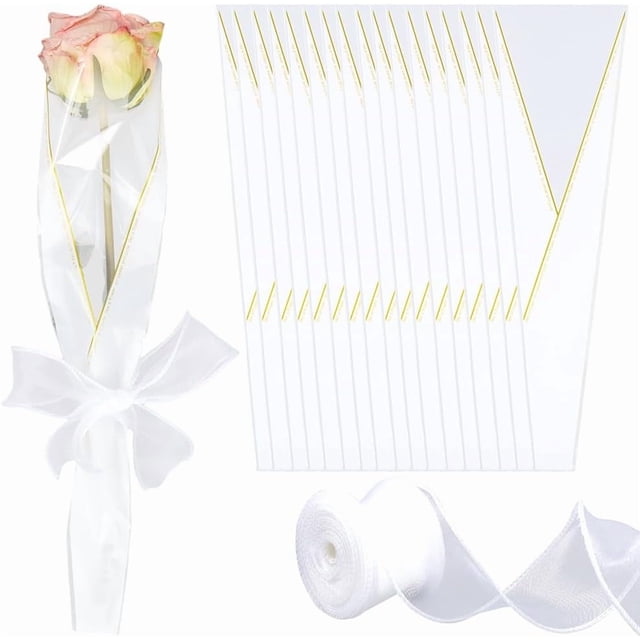 Bolsas de plástico blanco para envolver ramos de flores, 100 unidades, con cinta de malla de poliéster de 10 yardas.