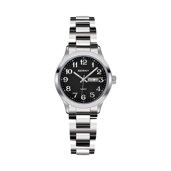 BERNY Silver Watch for Women, Fashion Easy to Read Ladies Analog Quartz Wrist Watch with Day & Date Calendar, Luminous, Stainless Steel, Waterproof, Business Dress Women's Watches (Black)