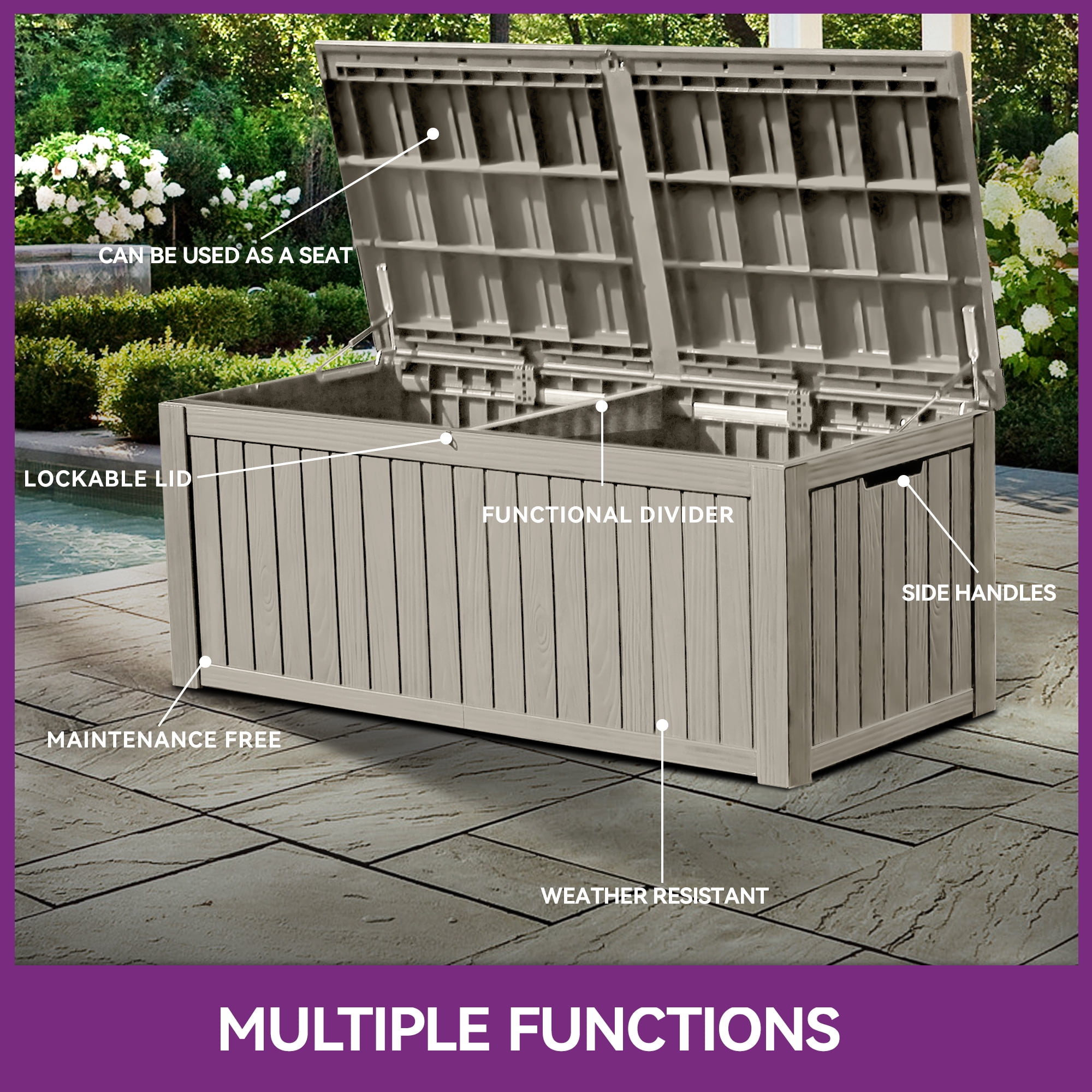 Uforic 150 Gallon Resin Deck Box, Outdoor Waterproof Storage with Divider & Lockable Lid, Brown