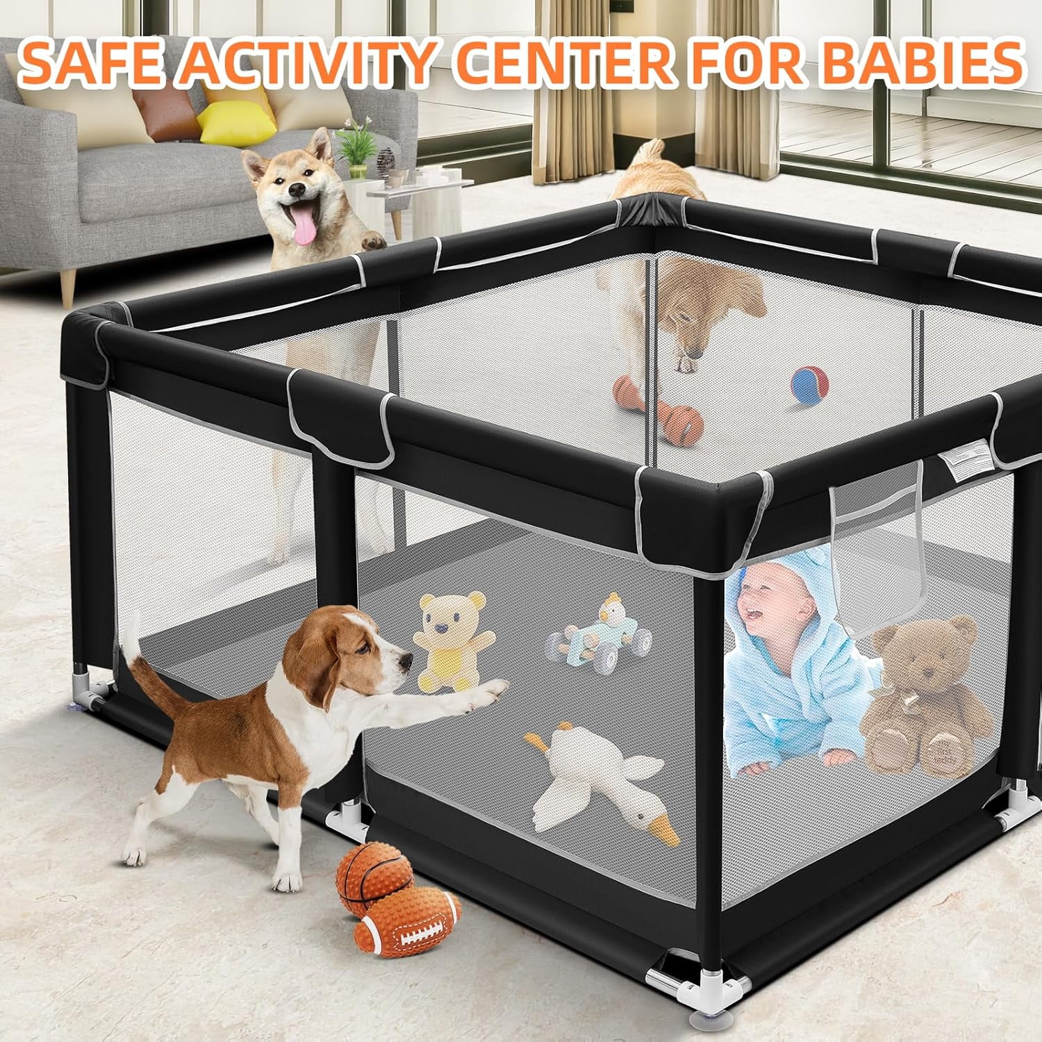 kmaier Baby Play Yards 360° Visual Playpen,Handle and Storage Bag Attached, Black