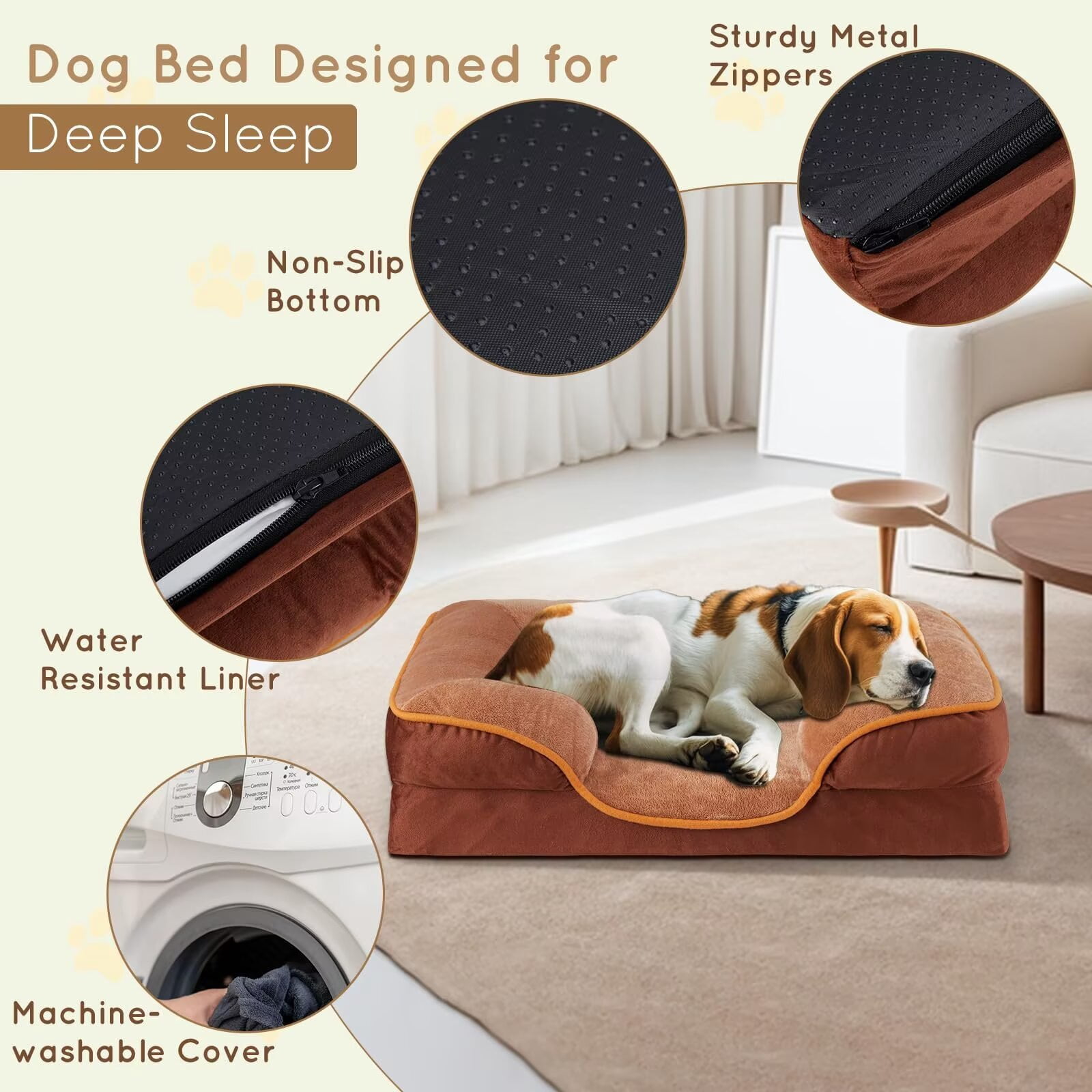 FluffyDream 35'' Orthopedic Dog Bed for Large Dog, Couch Bed with Washable Removable Cover, Brown