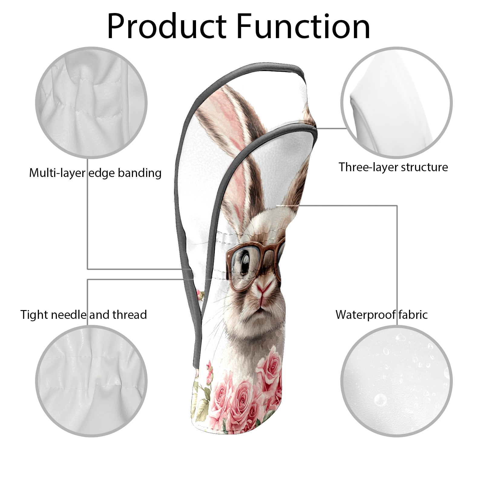 Golf Club Covers PU Leather Waterproof Head Covers for Fairway Woods Hybrids Rabbit With Glasses