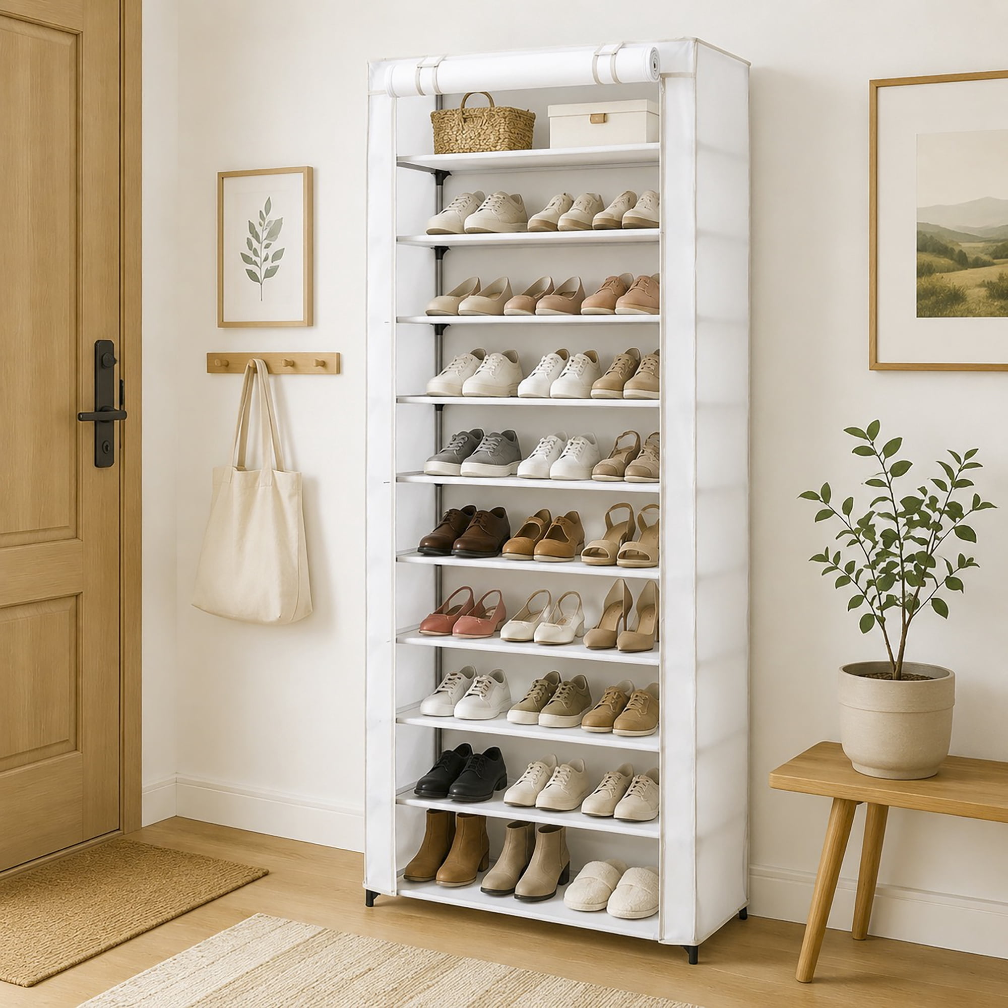Mainstays 10-Shelf Shoe Organizer Rack with Cover, Holds 30 Pairs, White