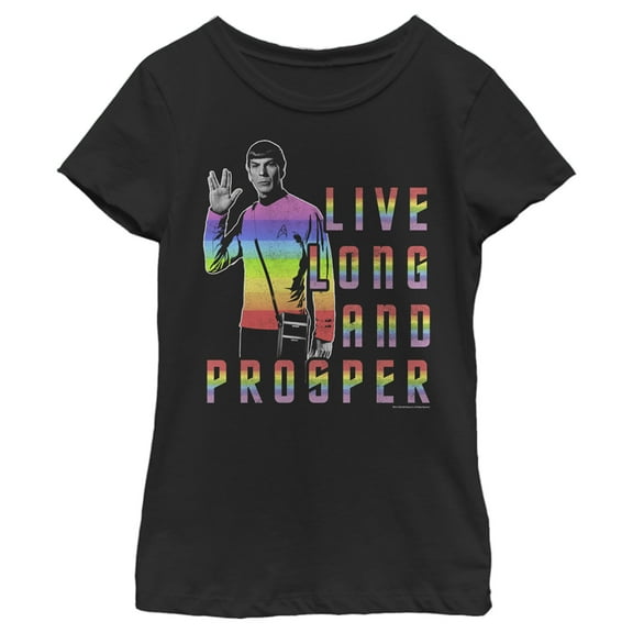 Girl's Star Trek: The Original Series Groovy Rainbow Spock Live Long and Prosper Graphic Tee Black X Large