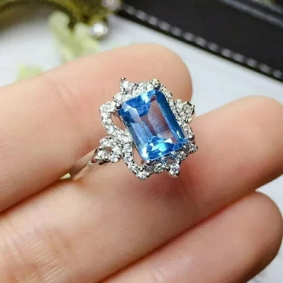 2Ct Emerald Cut Lab-Created Blue Topaz Pretty Diamond Halo Women's Wedding Ring 14K White Gold Plated 925 Silver