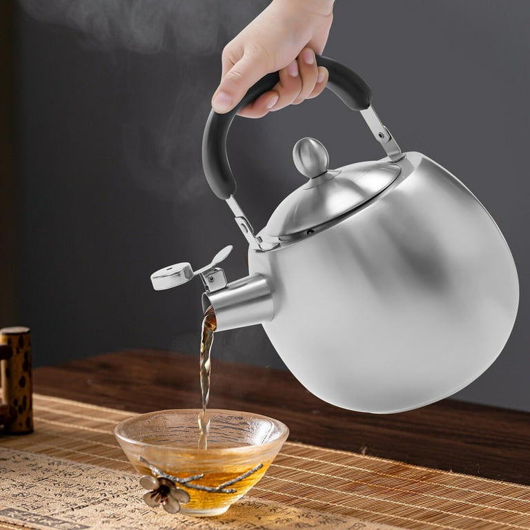 Stainless Steel Whistling Kettle Tea Pot & Handle - 4.22Qt/4 L Silver Long  Spout