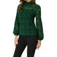 thumbnail image 5 of INSPIRE CHIC Women's Floral Lace Top Turtleneck Puff Long Sleeve See Through Sheer Blouse L Dark Green, 5 of 6