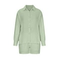 thumbnail image 6 of Women's 2 Piece Summer Outfits Long Sleeve Cutout Button Down Shirts Shorts Cotton Trendy Oversized Loose Lounge Set, Green, L, 6 of 7