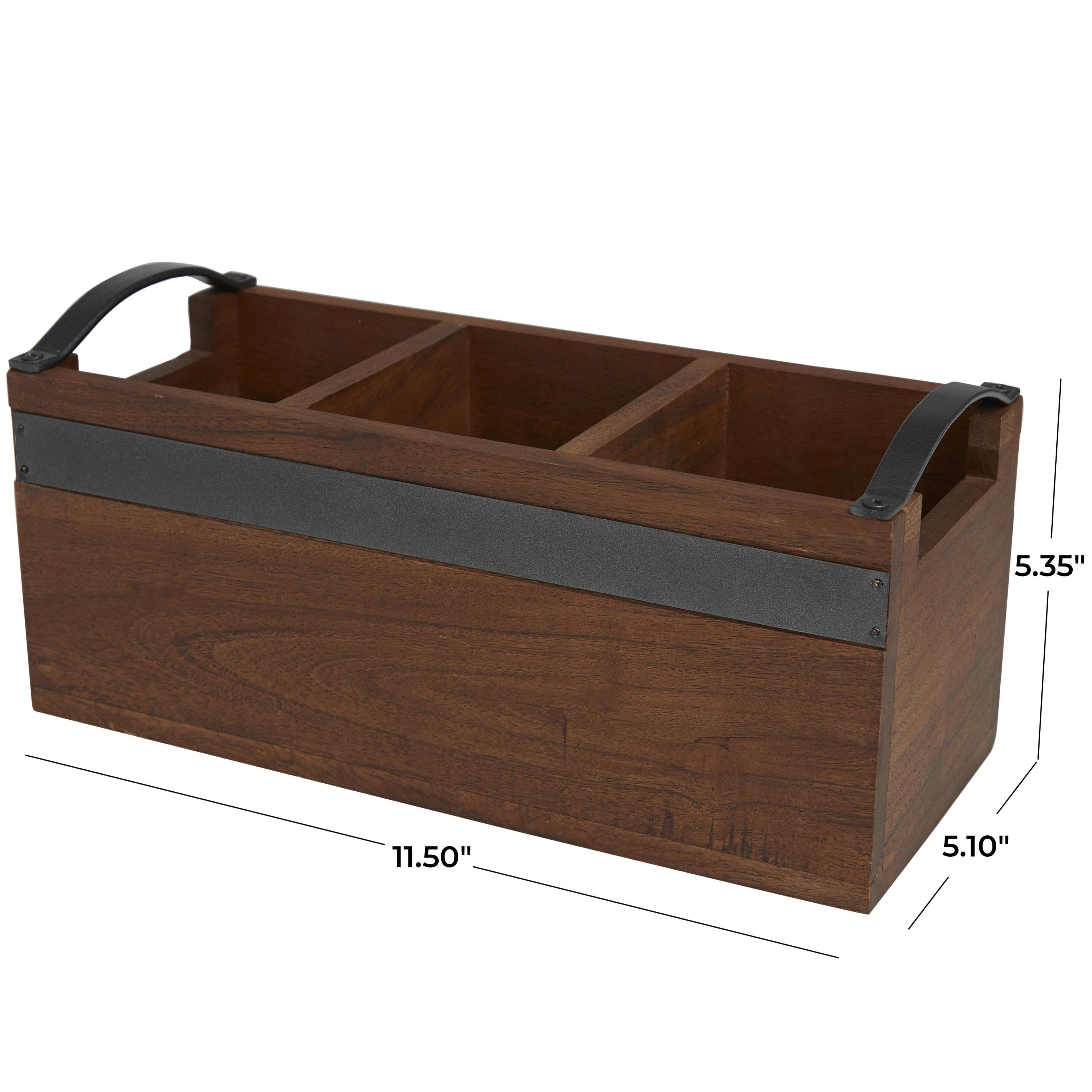 DecMode 12" x 5" Brown Wood 3 Section Tray with Black Metal Handles, 1-Piece