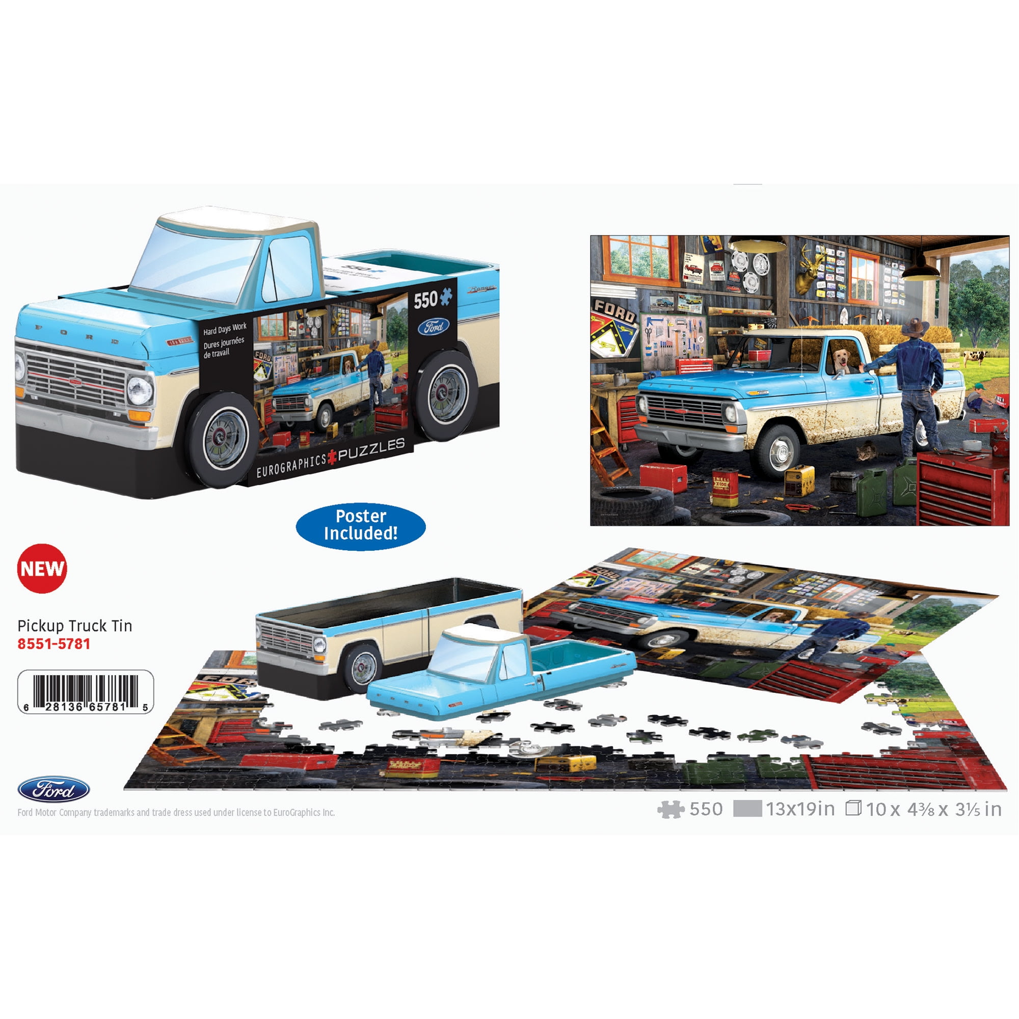 Eurographics: Puzzle Tin: Hard Days Work Ford Pick-Up - 550 Piece Jigsaw - Collectible Decorative 1967 Blue Truck Shaped Tin, 13 x 19", Nostalgic Gift