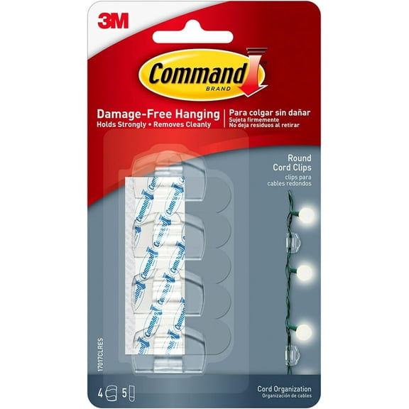 Command Round Cord Clip - Removable Clear Cable Organizer - Set of 5 Strips