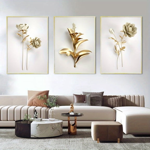 3 Pieces Frameless Abstract Golden Flower Home Decor Luxury Canvas Painting Wall Art Poster and Print Nordic Living Room Art Design, Frameless Canvas Painting