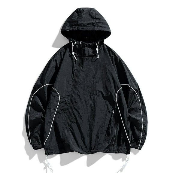 Gmdeguo Men Sunscreen Motion Jackets Solid Full Zip Long Sleeve Hooded Coats Outdoor Casual Oversized Sport Jacket Lightweight Thin Hoody Windbreaker Fall Winter