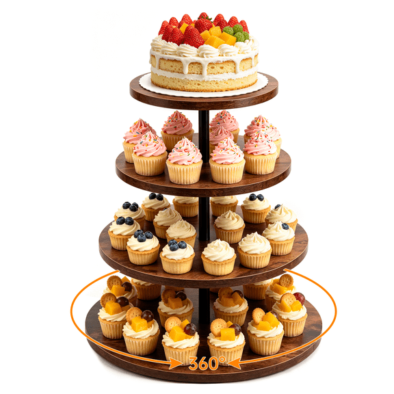 Qissep 4 Tier Cupcake Stand for 38 Cupcakes, 360 Rotatable Wooden Round Tier Tray Stand, Cupcake Holder, Round Tiered Tray Serving Display for Weddings Birthday Baby Shower Tea Party