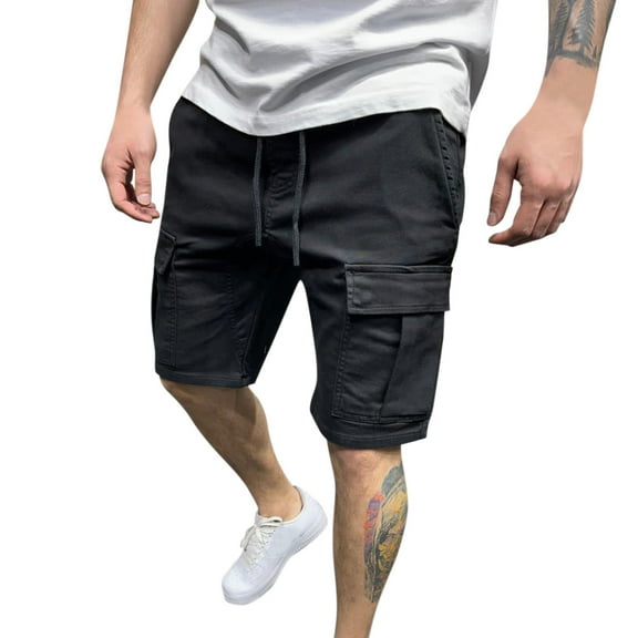 Lisingtool Mens Shorts Male Casual Solid Trousers Pant Cargo Pocket Slim Pant Drawstring Shorts Summer Shorts Men's Casual Shorts Work Pants for Men Black