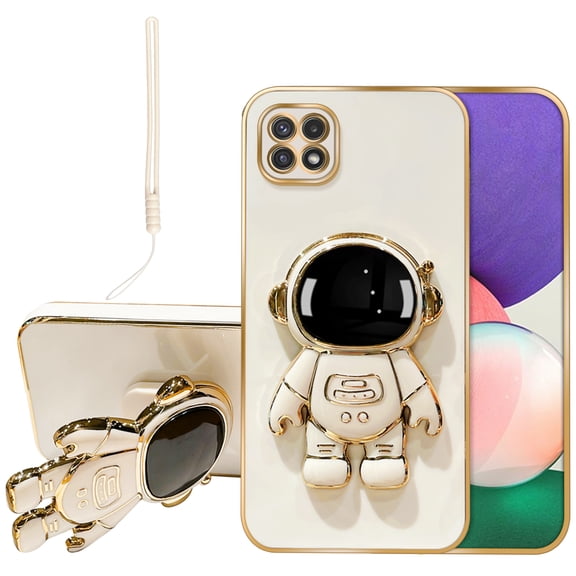 Annyojo for Samsung Galaxy A22 5G Phone Case with 6D Astronaut Hidden Stand Holder Case Cover for Galaxy A22 5G 6.6" Case with Lanyard Strap Soft Shockproof Cover - White