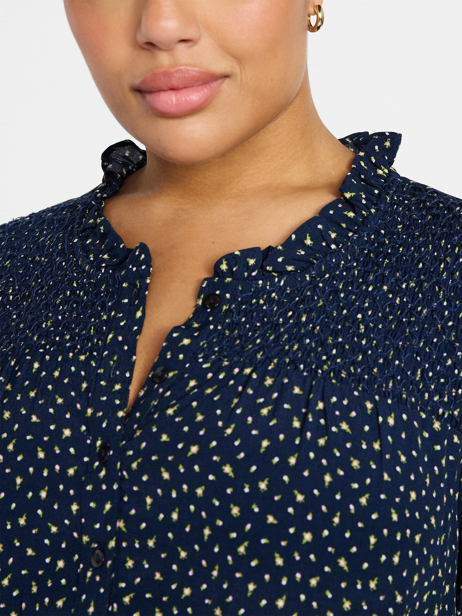 Terra & Sky Women's Plus Size Smock Yoke Top with Elbow Sleeves, Sizes 0X-5X