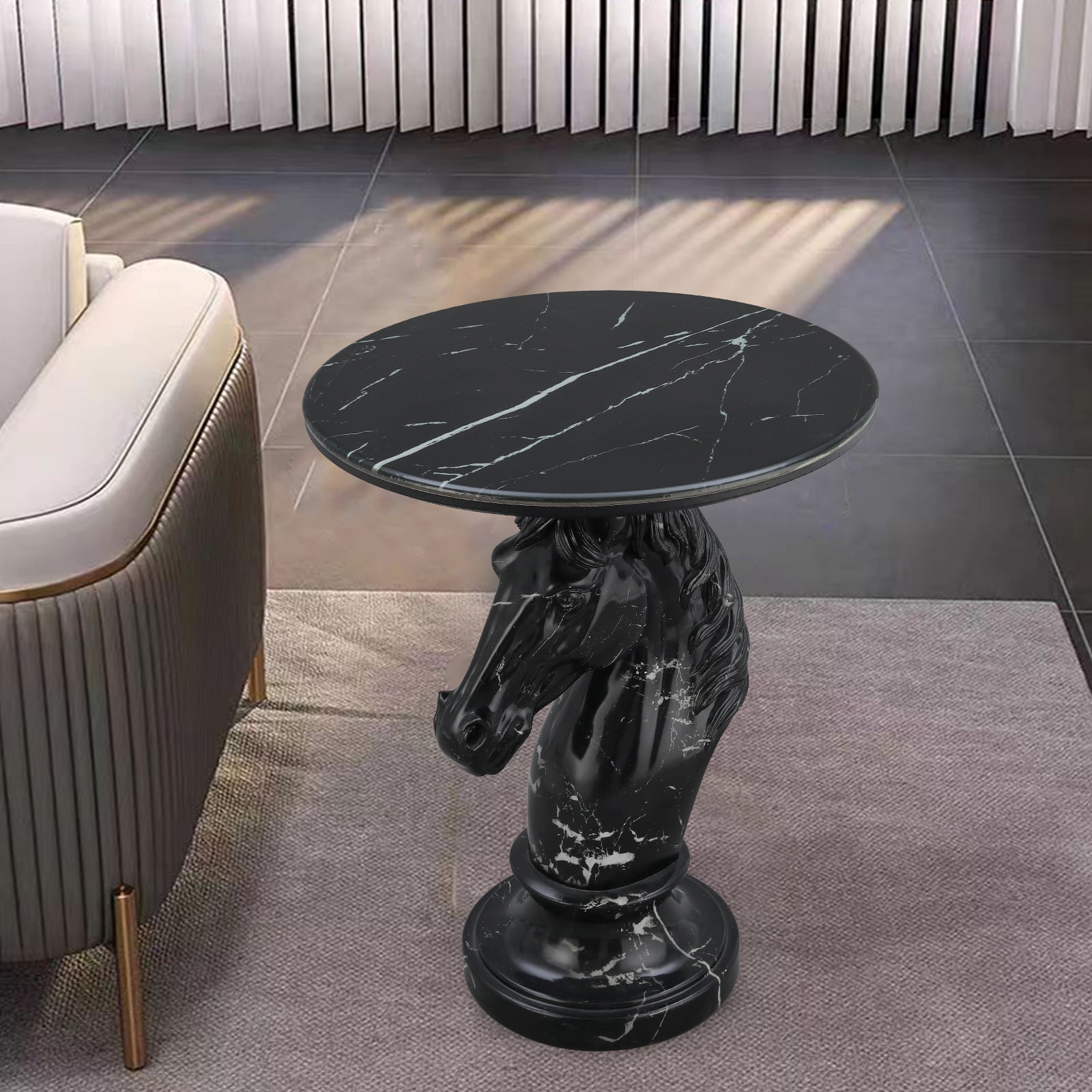 Horse Head Accent Table, Animal Statue End Table with Faux Marble Top, Resin Sculpture Side Table for Living Room, Office, Equestrian Themed Decor, Black