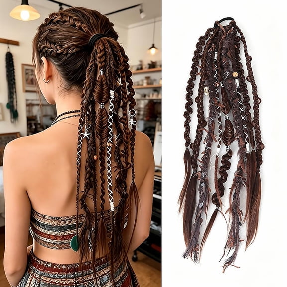 Boho Braided Ponytail Hairpiece with Accessories, Instant Elastic Hand-Braided Viking Braid Hairpiece, Long Boho BraidedPonytailExtension, Clip in Ponytail Hair Tie, for Cosplay & Festivals Hairwig