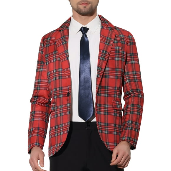 INSPIRE CHIC Men's Blazer Notch Lapel Contrasting Color Checked Pattern Sports Coat M Red