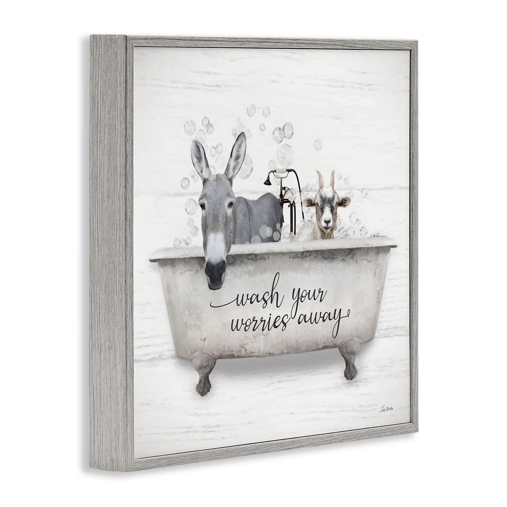Stupell Industries Wash Worries Away Tub Typography Painting Gray Framed Art Print Wall Art, 24 x 24