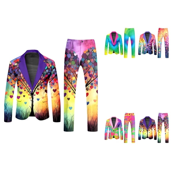 Male Rainbow Long Sleeve Coat and Pants Two Piece Suit with Printed Design, Button Closure, Pockets, Includes Tie - Men's Crazy Prom for Holiday Party Events