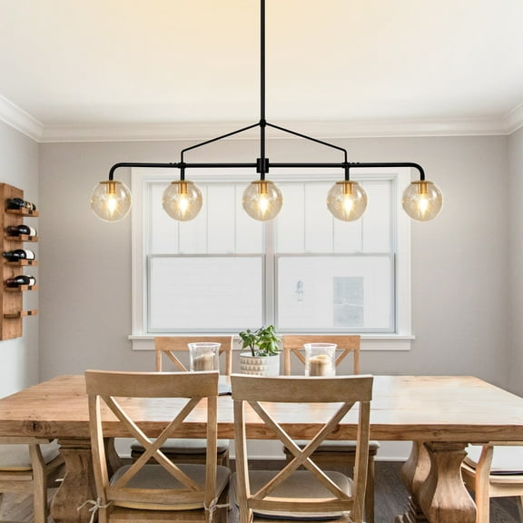 Auffel Dining Room Light Fixtures over Table 39 Inch Linear Chandeliers for Dining Room,Balck and Gold 5-Light Pendant Lights Kitchen Island,Seeded Glass Globe Lampshade