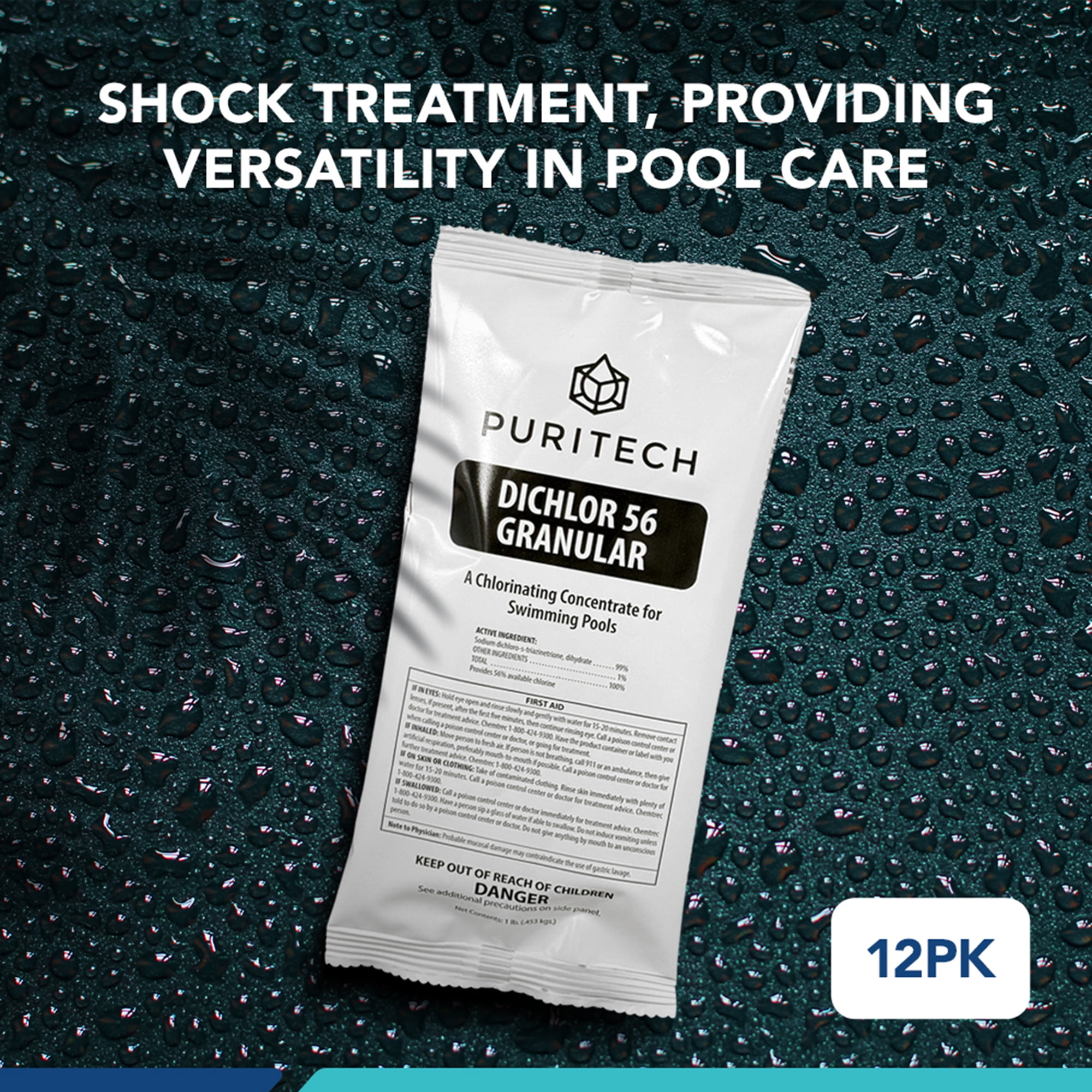 Puri Tech Sodium Dichlor Chlorine Shock Granules for Sanitizing Hot Tubs and Spas – Fast-Acting, pH Balanced Sanitizer - 56% Available Chlorine, 99% Sodium-Dichlor-12 Pound