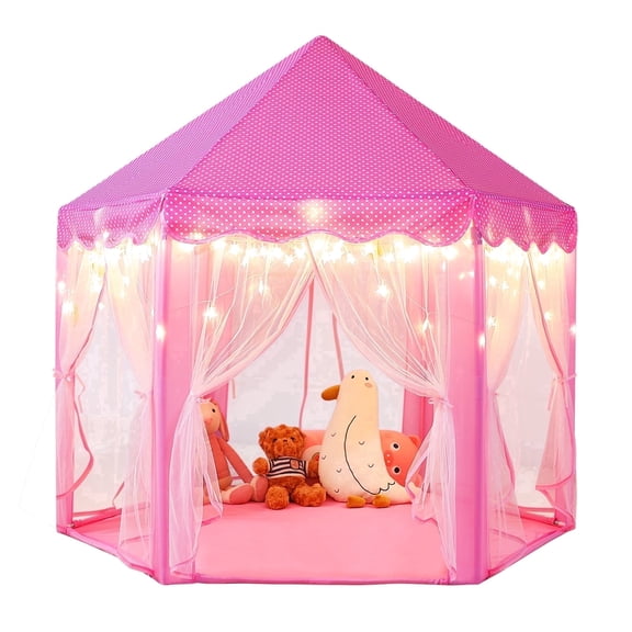 PigPigPen Princess Castle Play Tent for Girls Large Hexagon Playhouse with Star Lights Kids Play Tents for Children Indoor Games (Pink)