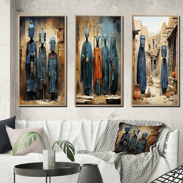 Designart "Tribes Dogon African Mali II" African Tribes Framed Wall Art Set Of 3 - Blue African Tribes Frame Gallery Set For Office Decor