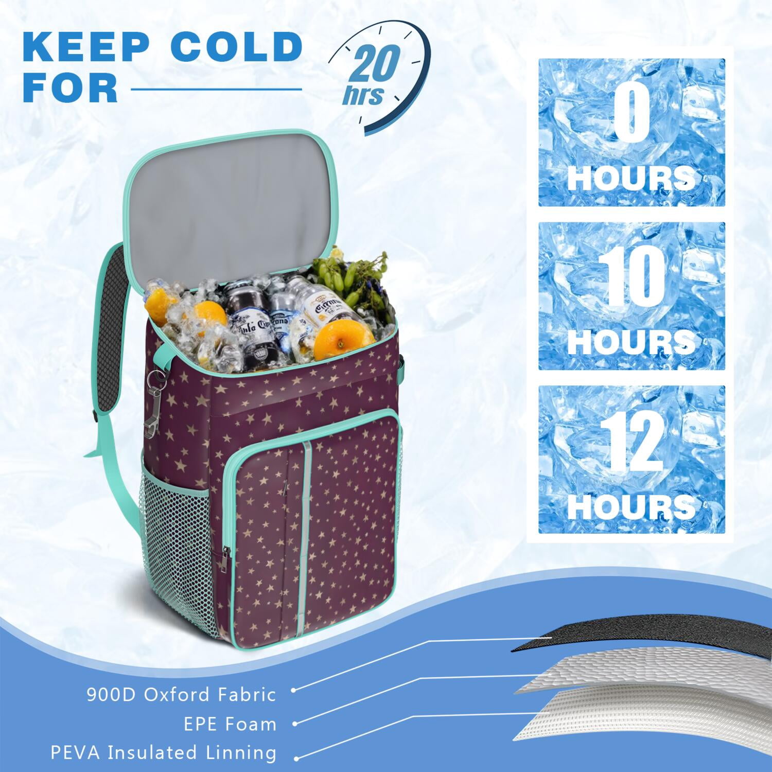 Travel Cooler Bag - Purple Christmas Star Pattern Camping Beer Cooler Backpack with Bottle Opener- Waterproof Insulated Picnic Backpacks - Cooler Bag for Beach