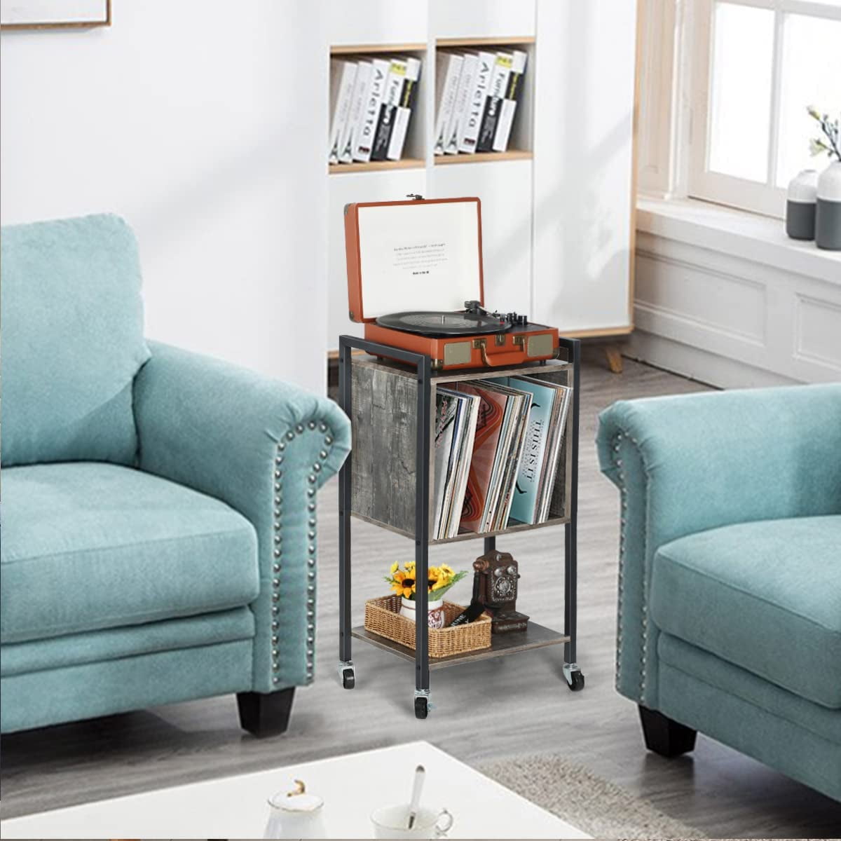 Record Player Stand End Table with Vinyl Record Storage Holder, Gray