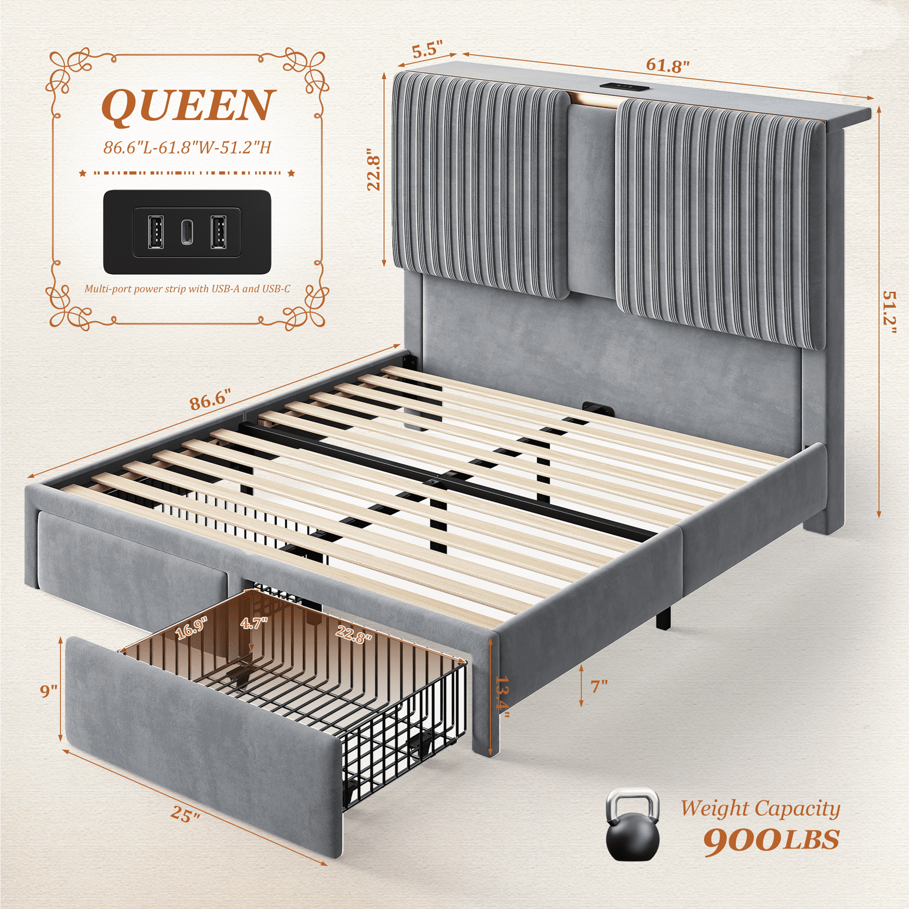 EnHomee Bed Frame Queen Size Bed Frame with 2 Storage Drawers Bed Frame with 51.2"Tall Headboard Upholstered  Bed Frame with Charge Station,Gray,No Box Spring Needed, Noise Free