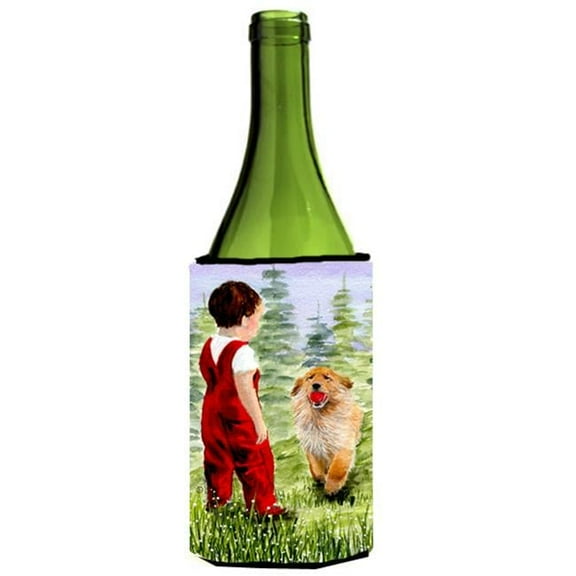 Little Boy With His Golden Retriever Wine bottle sleeve Hugger - 24 oz.