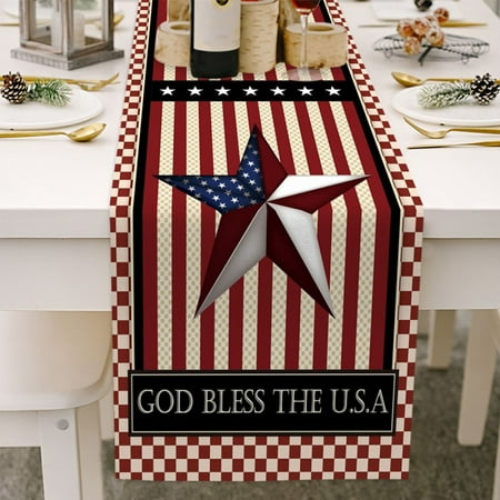 

Independence Day Table Runner 4th of July Decorations Truck American USA Flag Patriotic Stars Check Plaid Buffalo Wood Grain Dinner Runner Memorial Day Decor for Tables 13 x 70 Inches