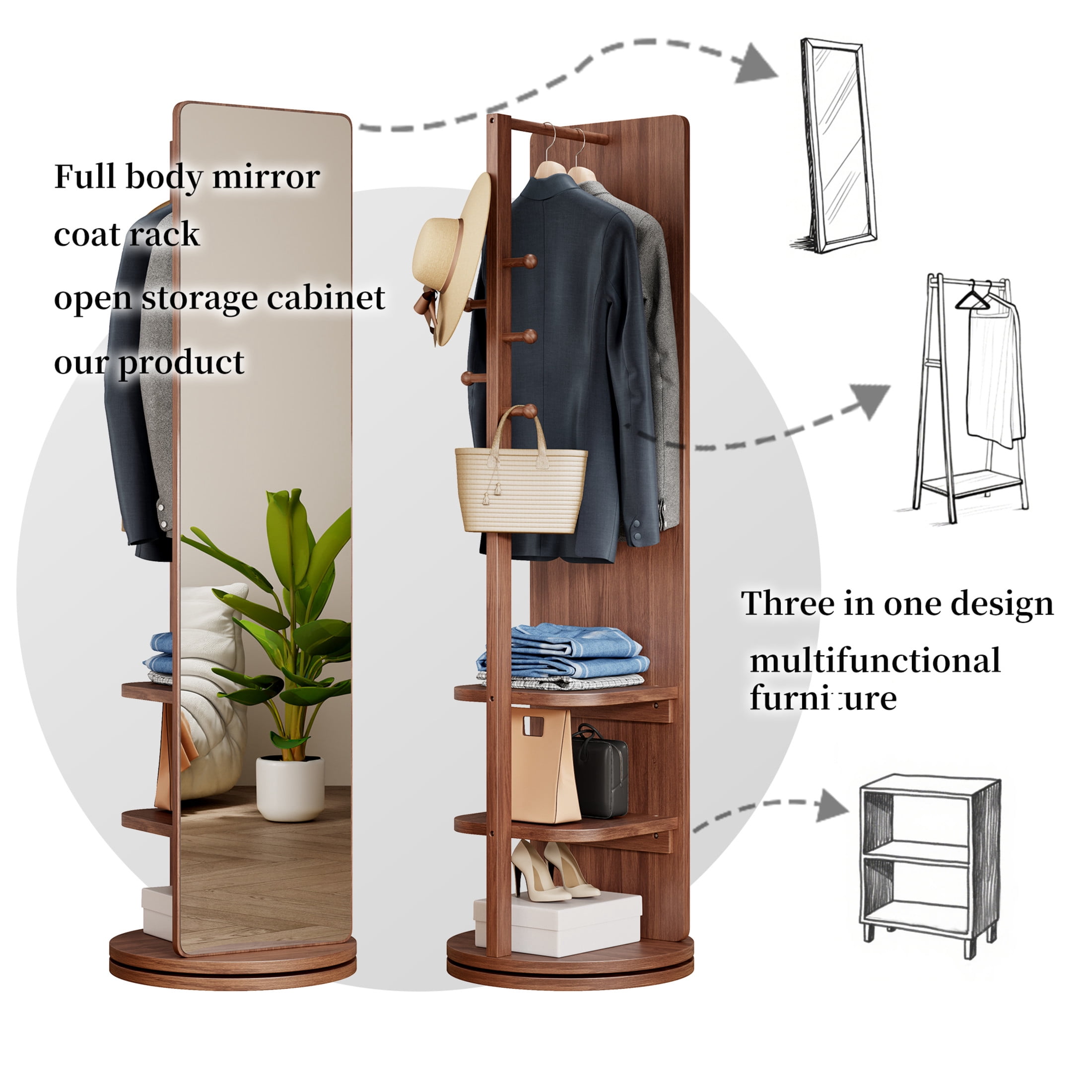 Noble House Gunther 360° Rotating Full-Length Mirror Coat Rack, Solid Rubberwood, for Small Space, Large, Walnut