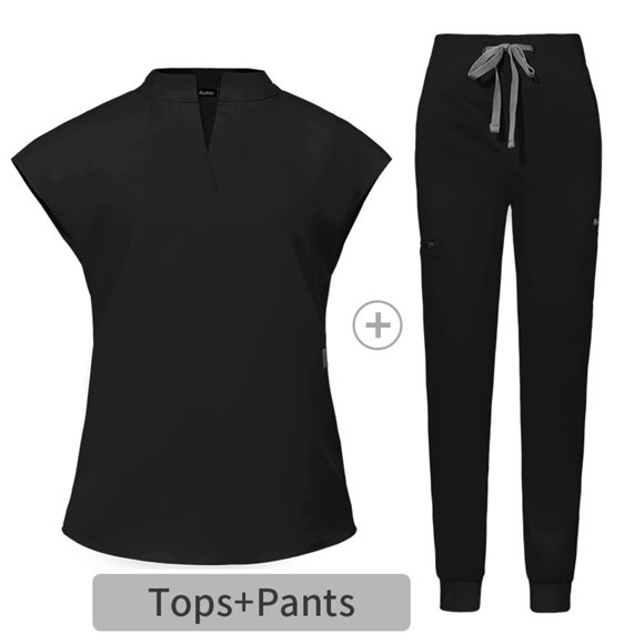 RKSTN Black Scrubs for Women 2 Piece Sets Summer Solid Color Short Sleeve Stand Collar Scrub Shirt Top Elastic Drawstring Waist Tapered Leg Jogger Pant Medical Skin Care Salon Nurse Surgeon Set
