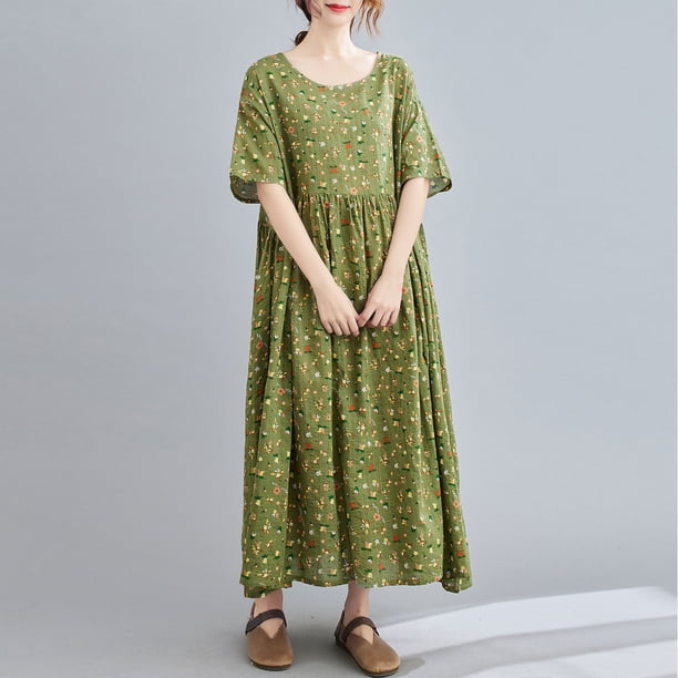Vestido de lino de algodón para mujer, estampado vintage, cuello redondo, manga corta, bolsillos, aj Meterk Verde oliva