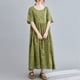 thumbnail image 1 of Vestido de lino de algodón para mujer, estampado vintage, cuello redondo, manga corta, bolsillos, aj Meterk Verde oliva, 1 of 7