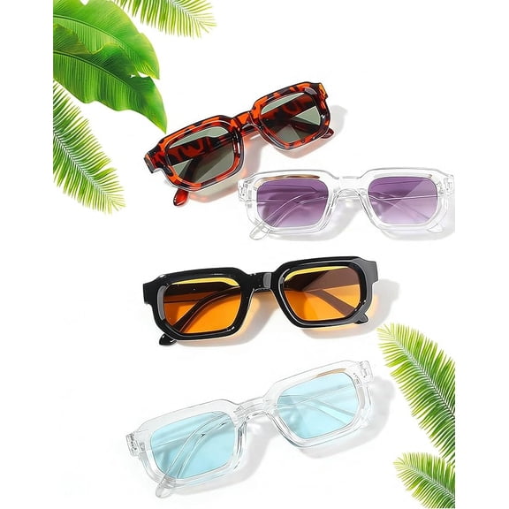 Trendy Rectangle Sunglasses, 90s Retro Narrow Square Frame with Uv400 Protection, Vintage Fashion Small Shades for Women Men (4 Pcs)