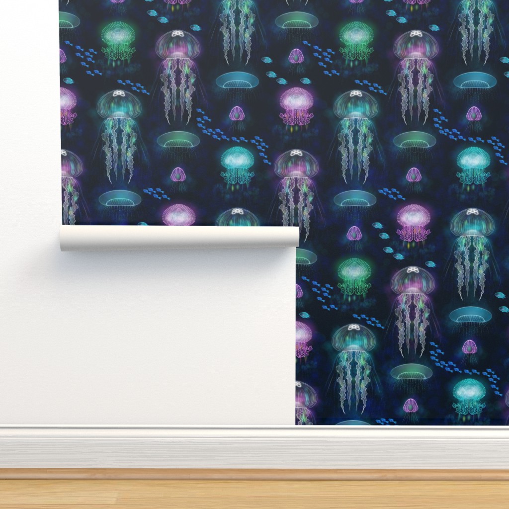 Peel & Stick Wallpaper Swatch - Jellyfish Deep Ocean Blue Dark Night