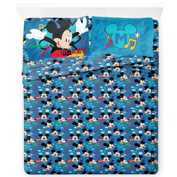 Jay Franco Juego de sábanas infantiles con sábanas bajeras ajustables y funda de almohada, ropa de cama ultrasuave con funda de almohada para decoración de la habitación, color azul, Mickey Mouse, 4 p
