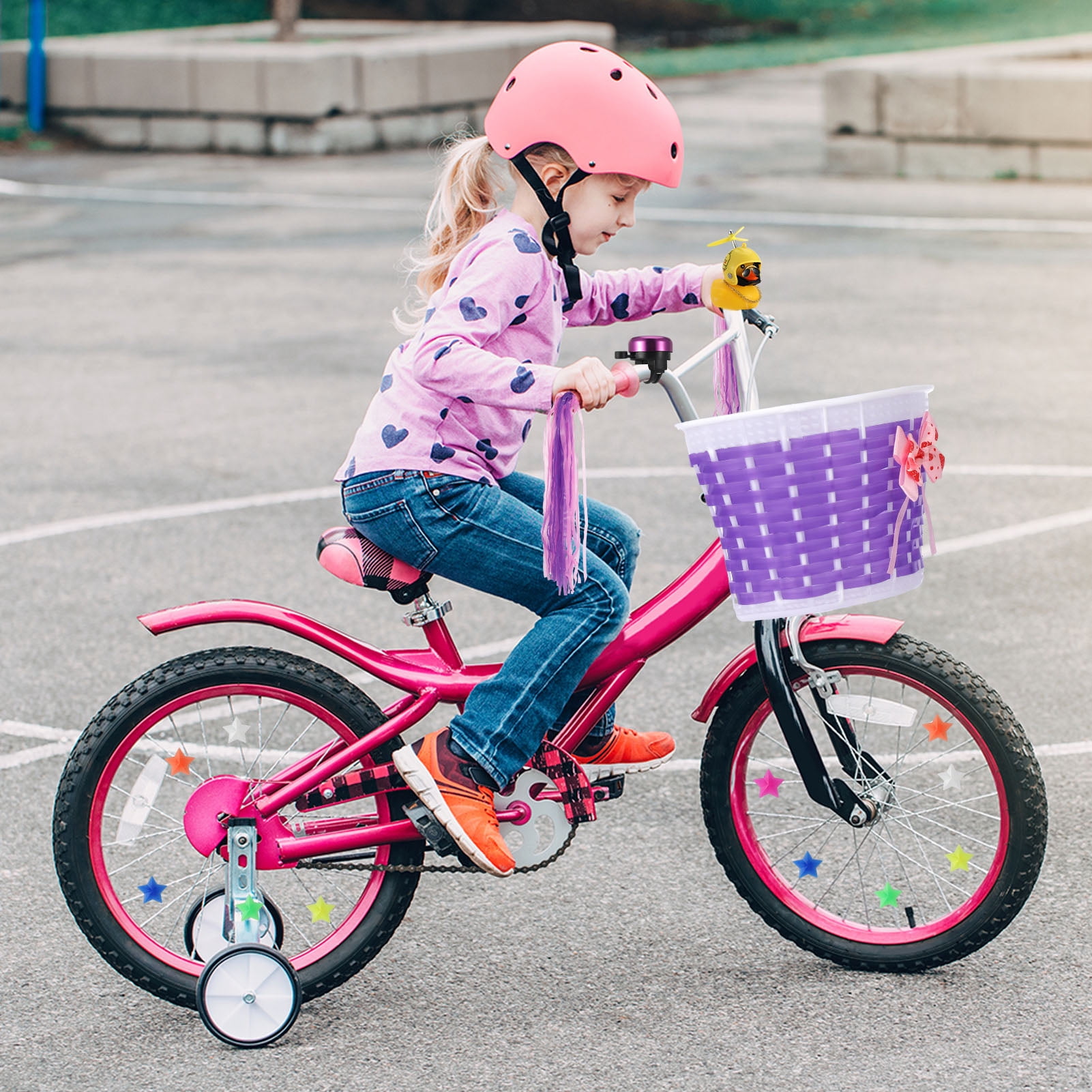 Hengguang 5Pcs Girl's Bicycle Basket Streamers Set, Kid's Bicycle Basket, Bike Bell and Star Shaped Beads for Girls and Boys Bike Basket Front Decoration